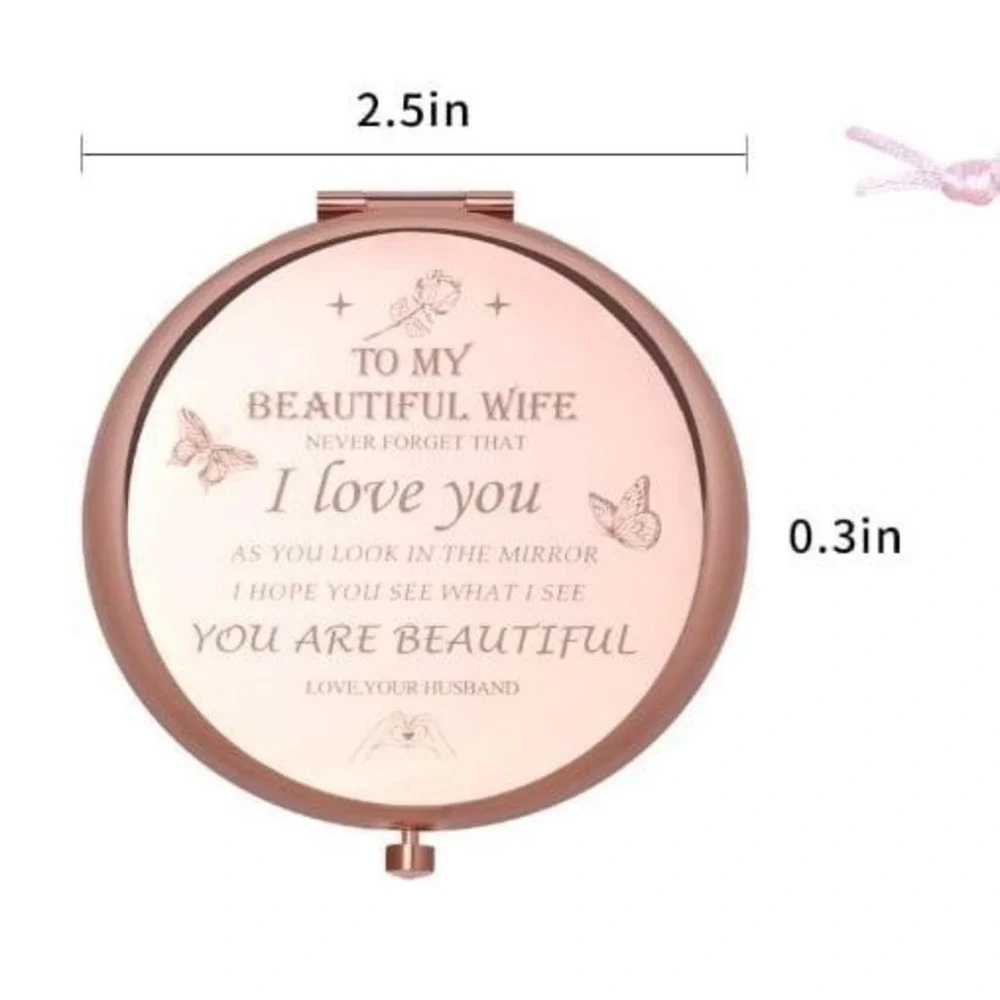 Rose Gold Engraved Compact Mirror To My‎ Beautiful Wife Gift with Box